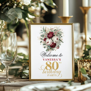 Póster Mesa de bienvenida por 80 cumpleaños Blush Burgund
