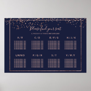 Póster mesa de boda azul marino de confeti dorado Rosa