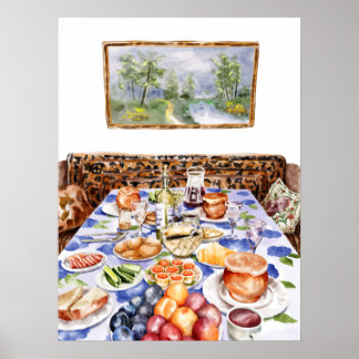 Póster Mesa de comedor familiar acogedor Ilustración en a
