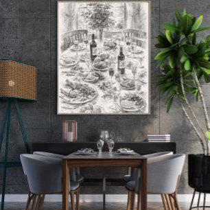 Póster Mesa de comedor vintage a lápiz, clásico todavía 