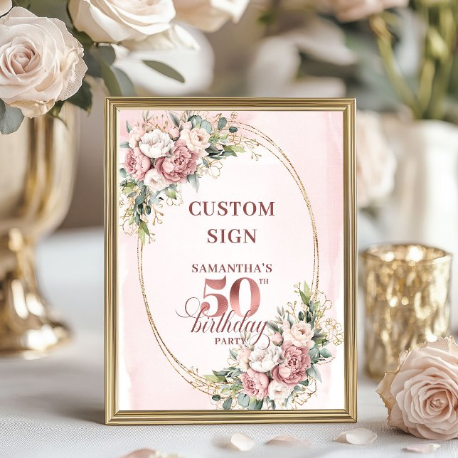 Póster Mesa de cumpleaños número 50 personalizada con est (Personalized Stylish Rose Gold 50th Birthday Tabletop Sign)