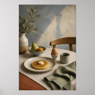 Póster Mesa de desayuno minimalista con panqueque y café