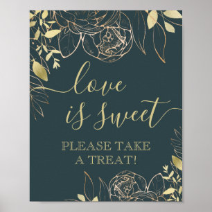 Póster Mesa de Favor Floral Oscura Verde azulada y Oro Mo
