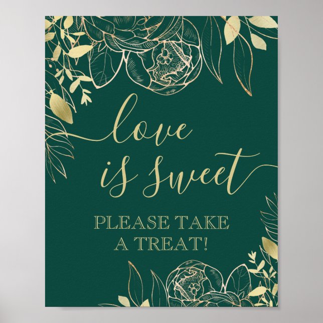 Póster Mesa de Favores Florales Modernos Esmeralda y Oro (Frente)