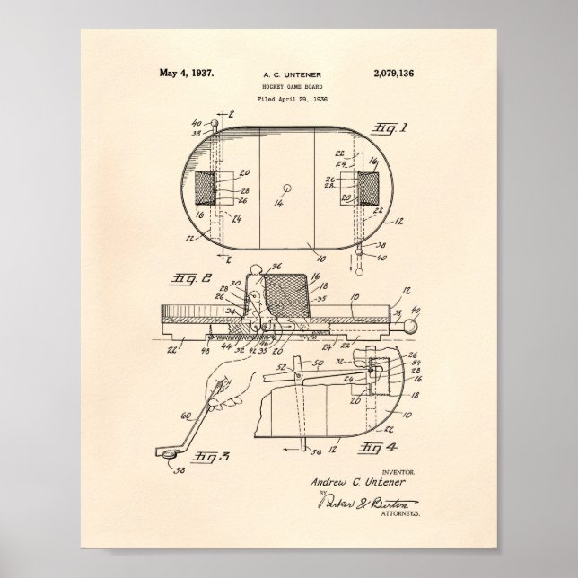 Póster Mesa de juego de hockey 1937 Patent Art - Old Pepe (Frente)
