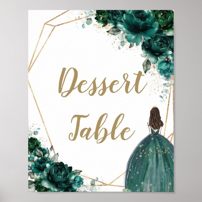 Póster Mesa de postre de Quinceañera floral verde esmeral (Frente)