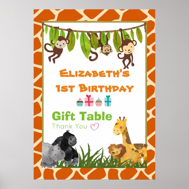 Póster Mesa de Regalo de la Fiesta de Cumpleaños Animales (Frente)