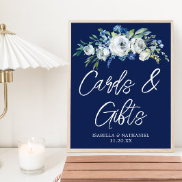 Póster Mesa de Regalos de Bodas de Invierno Floral Azul d