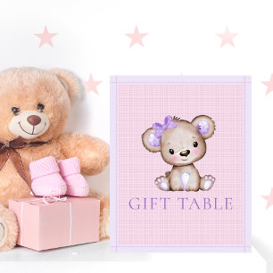 Póster Mesa de Regalos Niña Linda Oso Púrpura Baby Shower