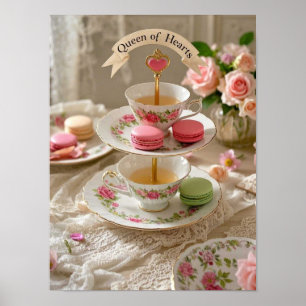 Póster Mesa floral, tacups, bandejas en niveles macarons