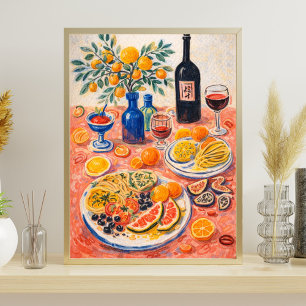 Póster Mesa Mediterránea Bodegón - Vino, Cítricos