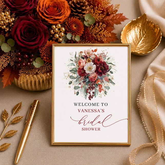 Póster Mesa moderna para fiesta de soltera con flores de  (Modern burnt orange floral bridal shower tabletop sign

)