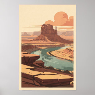 Póster Mesa Rojo Óxido y Río Sinuoso Cartel de Viaje Retr