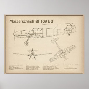 Póster Messerschmitt Bf 109 - Airplane Blueprint SD