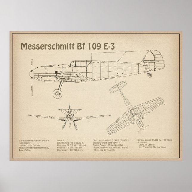 Póster Messerschmitt Bf 109 - Airplane Blueprint SD (Frente)