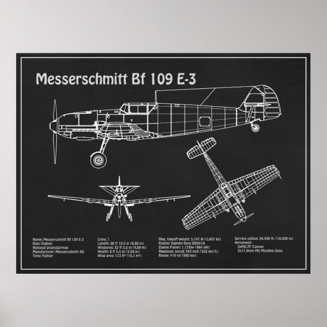 Póster Messerschmitt Bf 109 - Avión Blueprint PD (Frente)