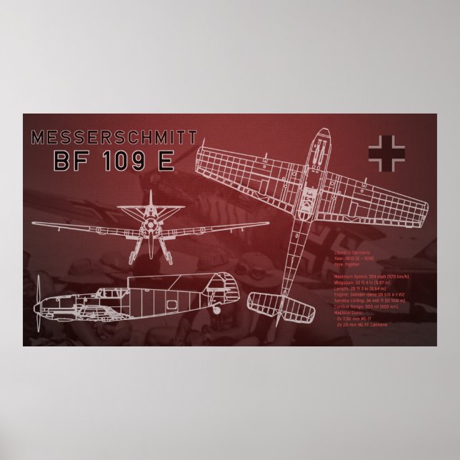 Póster Messerschmitt Bf 109 Blueprint (Frente)