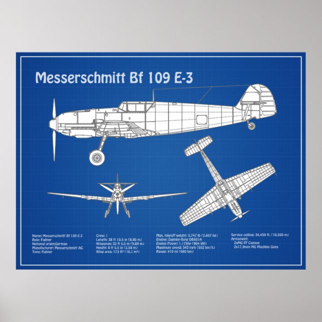 Póster Messerschmitt Bf 109 - Plano aéreo ABD (Frente)