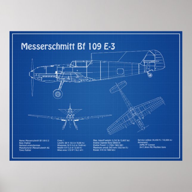 Póster Messerschmitt Bf 109 - Plano aéreo AD (Frente)