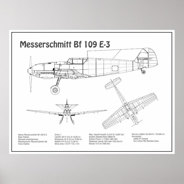Póster Messerschmitt Bf 109 - Plano aéreo BD (Frente)