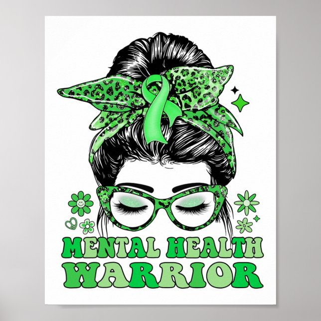 Póster Messy Bun Leopard Green Ribbon Mental Health Warri (Frente)