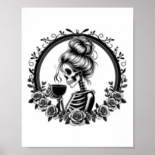 Póster Messy Bun Skeleton Bebe café Vintage Halloween