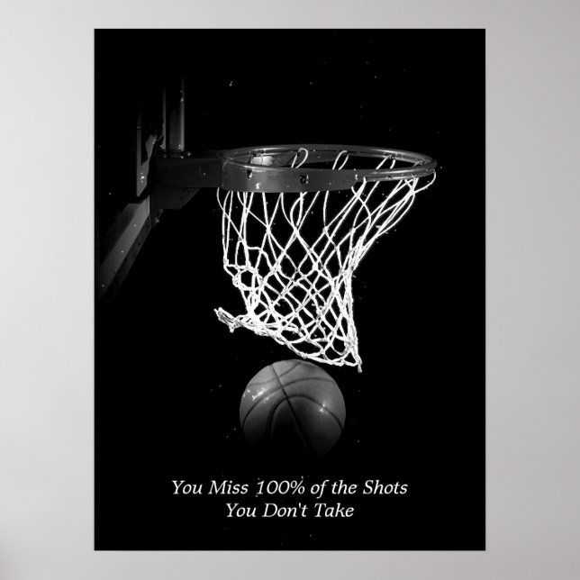 Póster Metas Cita Motivadora Baloncesto Blanco y Negro (Frente)