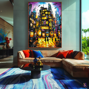 Póster Metrópolis de neón – Paisaje urbano surrealista no