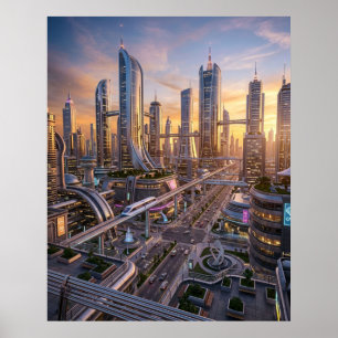Póster Metrópolis Retro Futurista al Atardecer