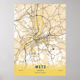 Póster Metz - Mapa de la ciudad amarilla de Francia