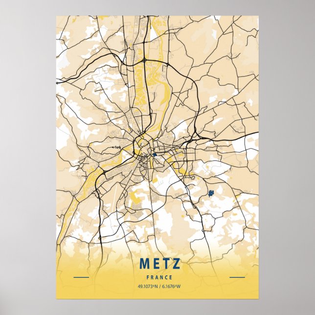 Póster Metz - Mapa de la ciudad amarilla de Francia (Frente)