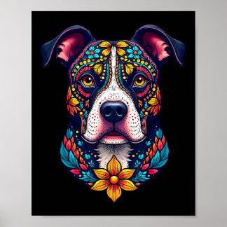 Póster Mexican Sugar Skull Pitbull Dog Dia De Muertos Hal