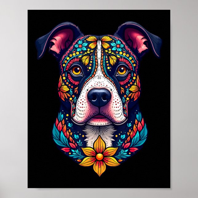 Póster Mexican Sugar Skull Pitbull Dog Dia De Muertos Hal (Frente)