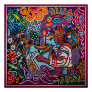 Poster mexicano huichol - Cazador y venado