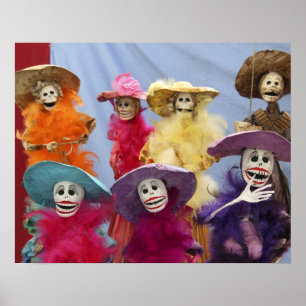 Póster México. Catrinas esqueléticas, figuras celebrando