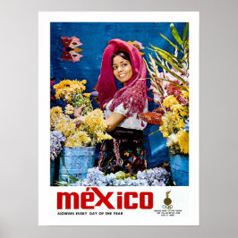 Póster México, chica sonriente con flores, cosecha, viaje