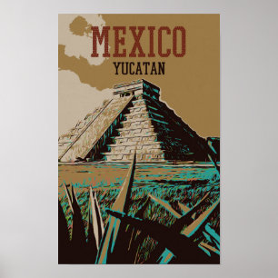 Póster México, Chichén Itzá, Yucatán, postal de ruinas ma