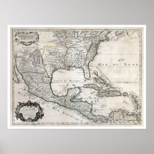 Póster México Cuba la Florida y mapa 1703 de América
