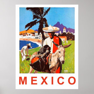 Póster México, hombre mexicano con el burro por la costa