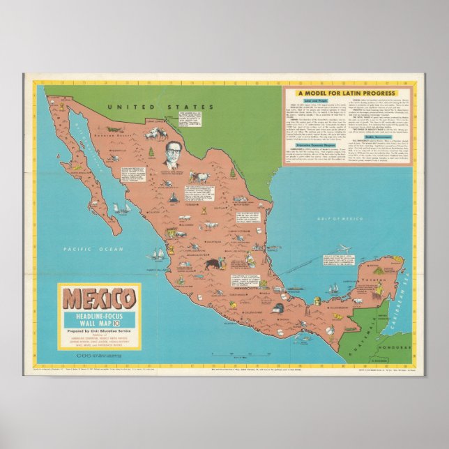 Póster México - Mapa de Muro Centrado en Titulares (Frente)