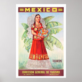 Póster México, mexicana con cesta de frutas tropicales