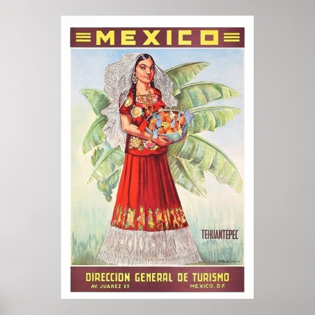 Póster México, mexicana con cesta de frutas tropicales (Frente)
