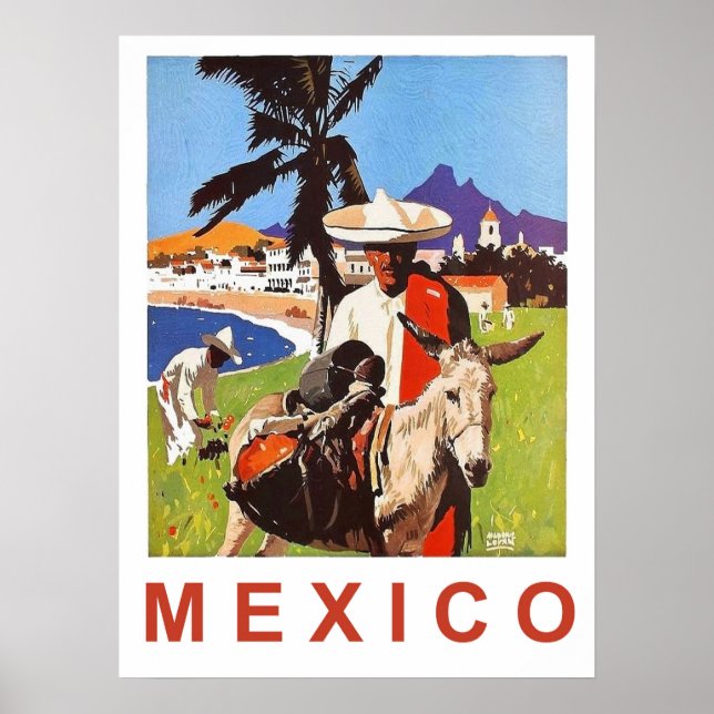 Póster México, mexicano con burro cerca de la costa (Frente)