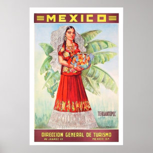 Póster México, mujer mexicana con canasta de frutas tropi