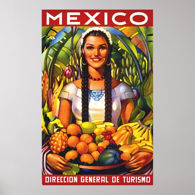 Póster México, mujer sonriente con frutas tropicales, cos (Frente)