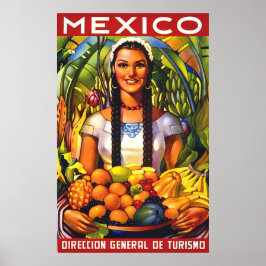 Póster México, mujer sonriente con frutas tropicales, vin