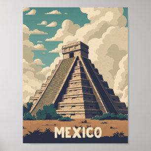 Póster México Pirámide Vintage Famoso Lugar de Viaje