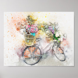 Póster Mezcla de acuarela Medios Bike & Flowers 1