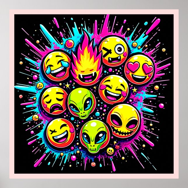Póster Mezcla de Emoji Funky de Neón (Frente)