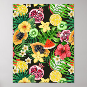 Póster Mezcla tropical, flores y hojas en negro